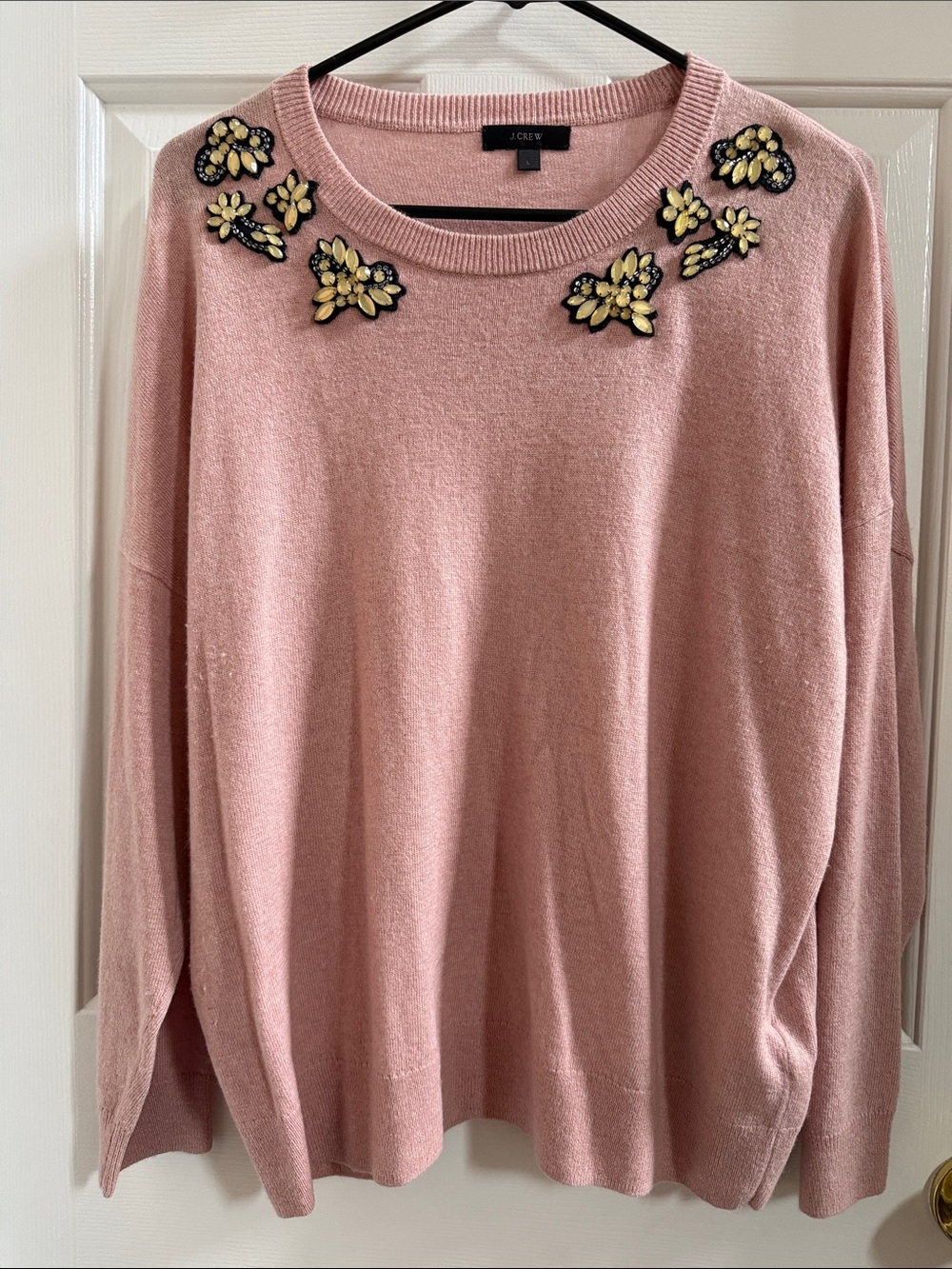 J. Crew Blush Pink Embellished Crewneck Sweater